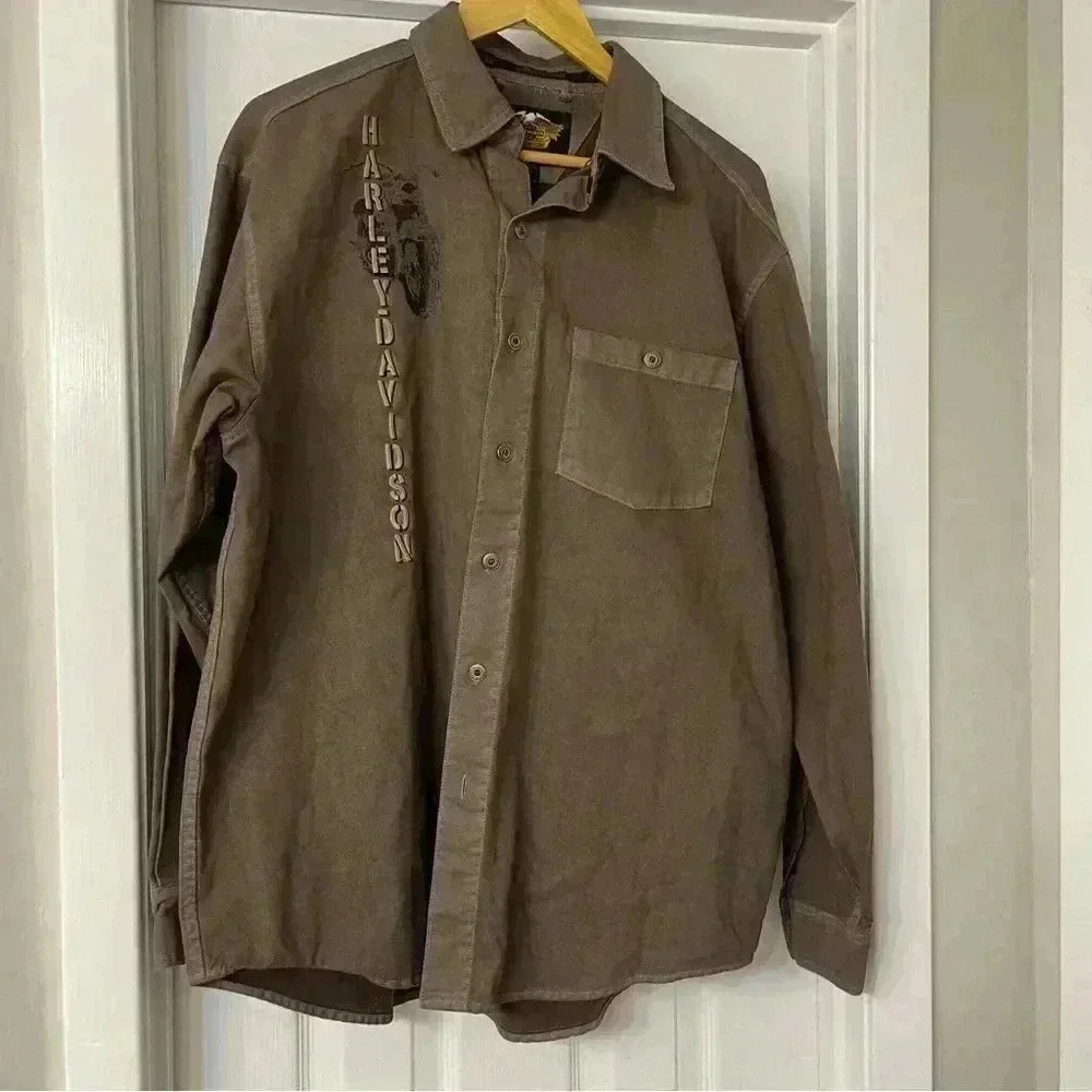 Mens HD LS button up shirt heavy denim type material brown 100% cotton Sz L